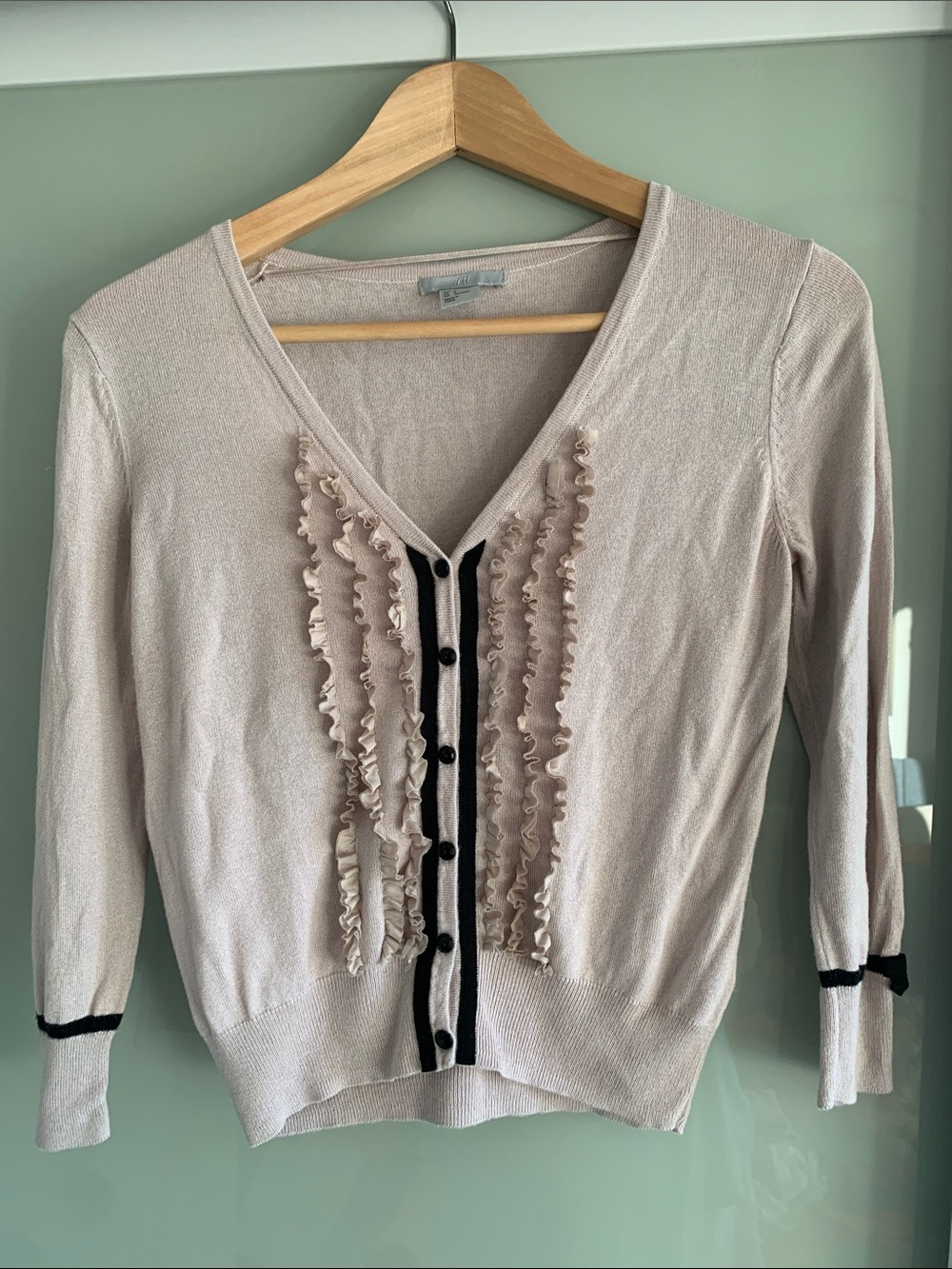 H&M Cream Ruffle-Front Cardigan with Black Trim
